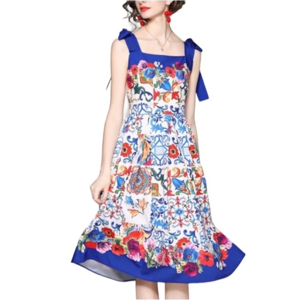 Dalia MacPhee Tie Strap Tile Print Scarf Print Dress